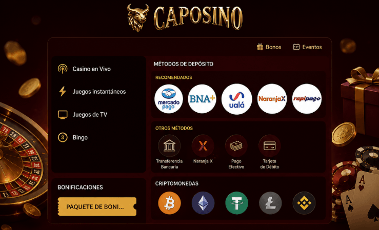 Captura de pantalla del depósito y métodos de pago de Caposino Casino