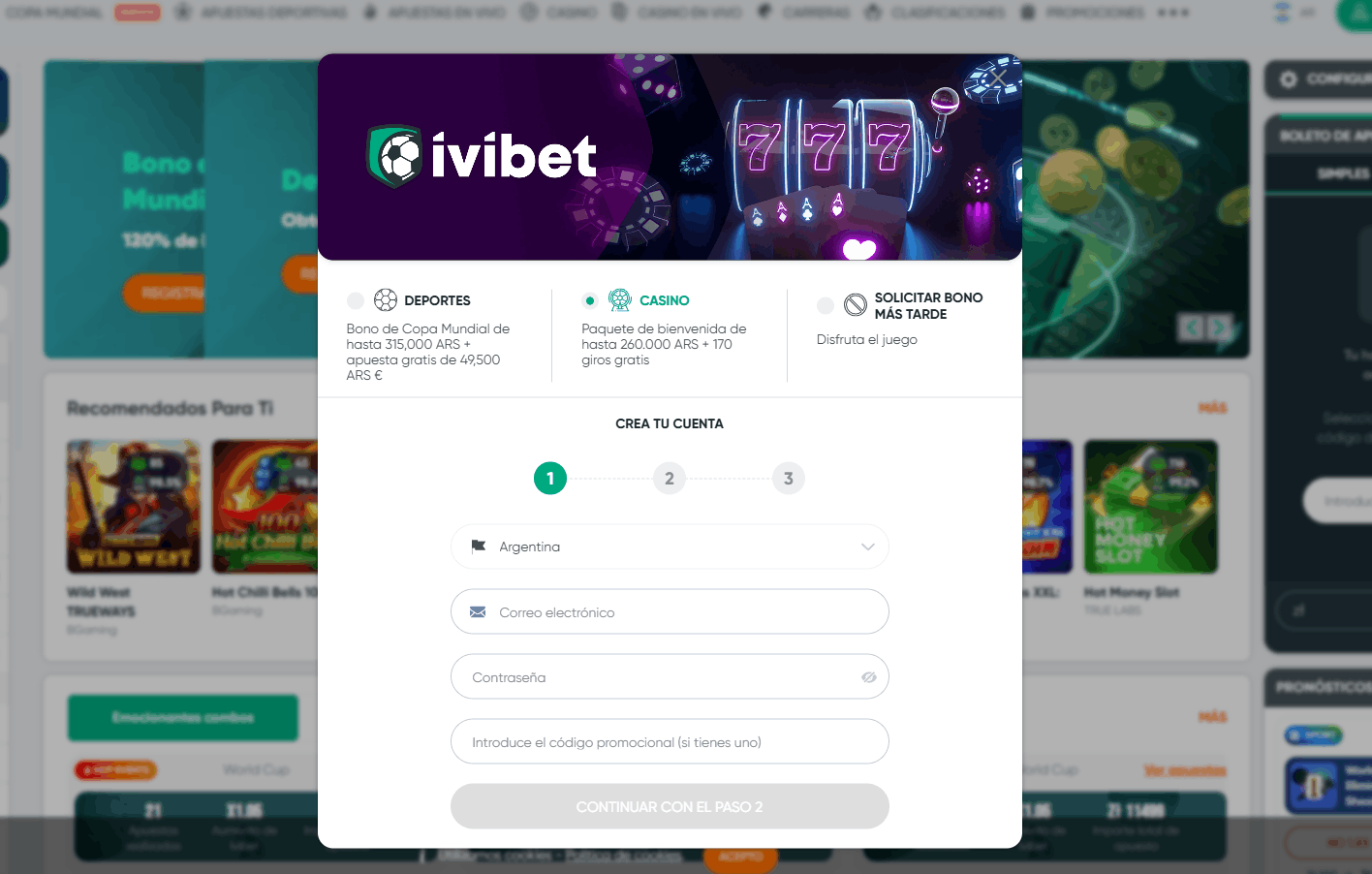 Captura de pantalla de la página de registro de Ivibet Casino